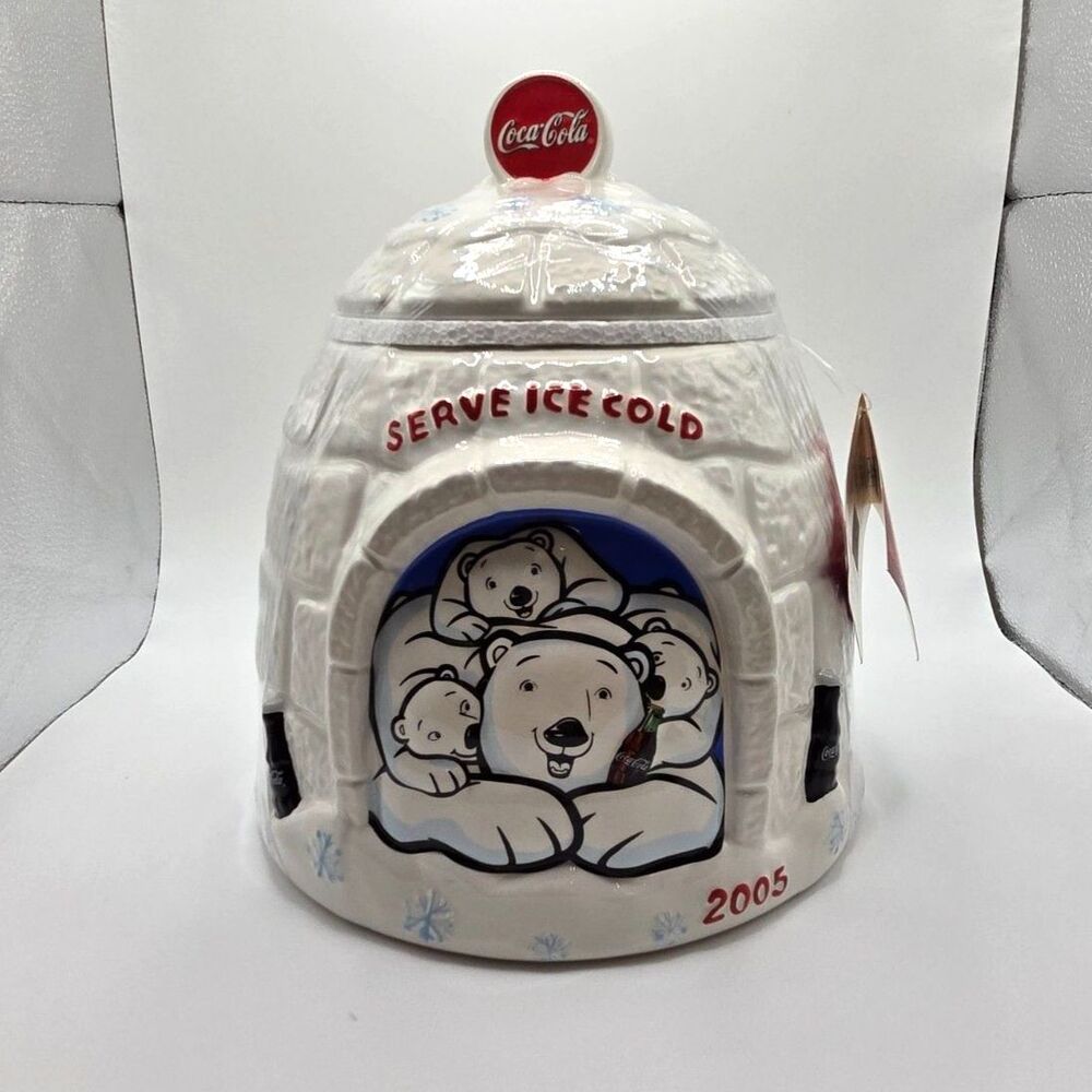 Vintage 2005 Coca-Cola Polar Bear Igloo Ceramic Cookie Jar NWT